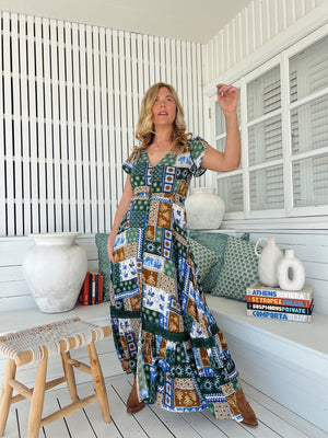Jaase Carmen Maxi Dress with Cap Shell Sleeve V Neck Pockets Buttoned - Emerald Cove - Style House Fashion Jaase Jaase Jaase