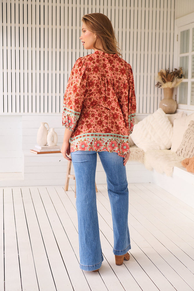 Jaase Bee Blouse Top with Mandarin Collar V Neck Buttons Lace Detail - Lillianna - Style House Fashion Jaase