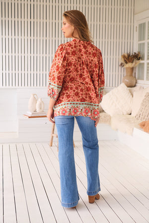 Jaase Bee Blouse Top with Mandarin Collar V Neck Buttons Lace Detail - Lillianna - Style House Fashion Jaase