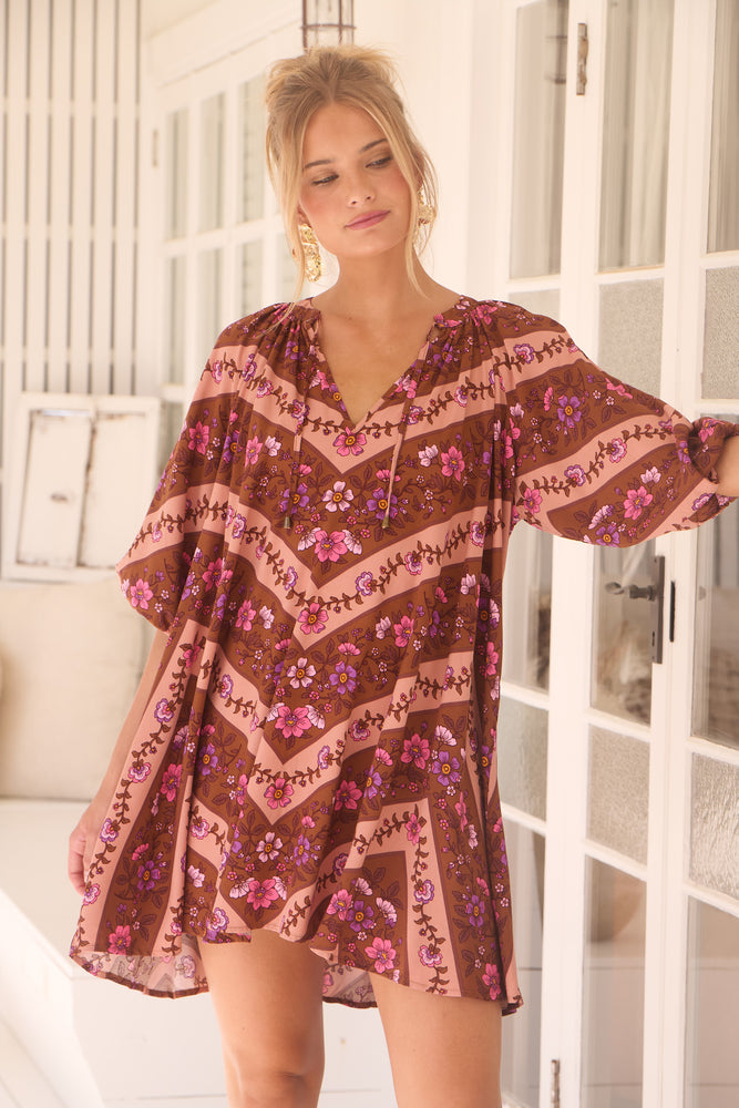 Jaase Cove Mini Dress with V Neck Relaxed Shift - Savanna - Style House Fashion Jaase