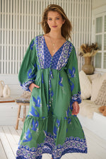 Jaase Willa Midi Dress with Pockets V-Neck Buttons Bodice Drawstring Waist - Bluebird - Style House Fashion Jaase Jaase