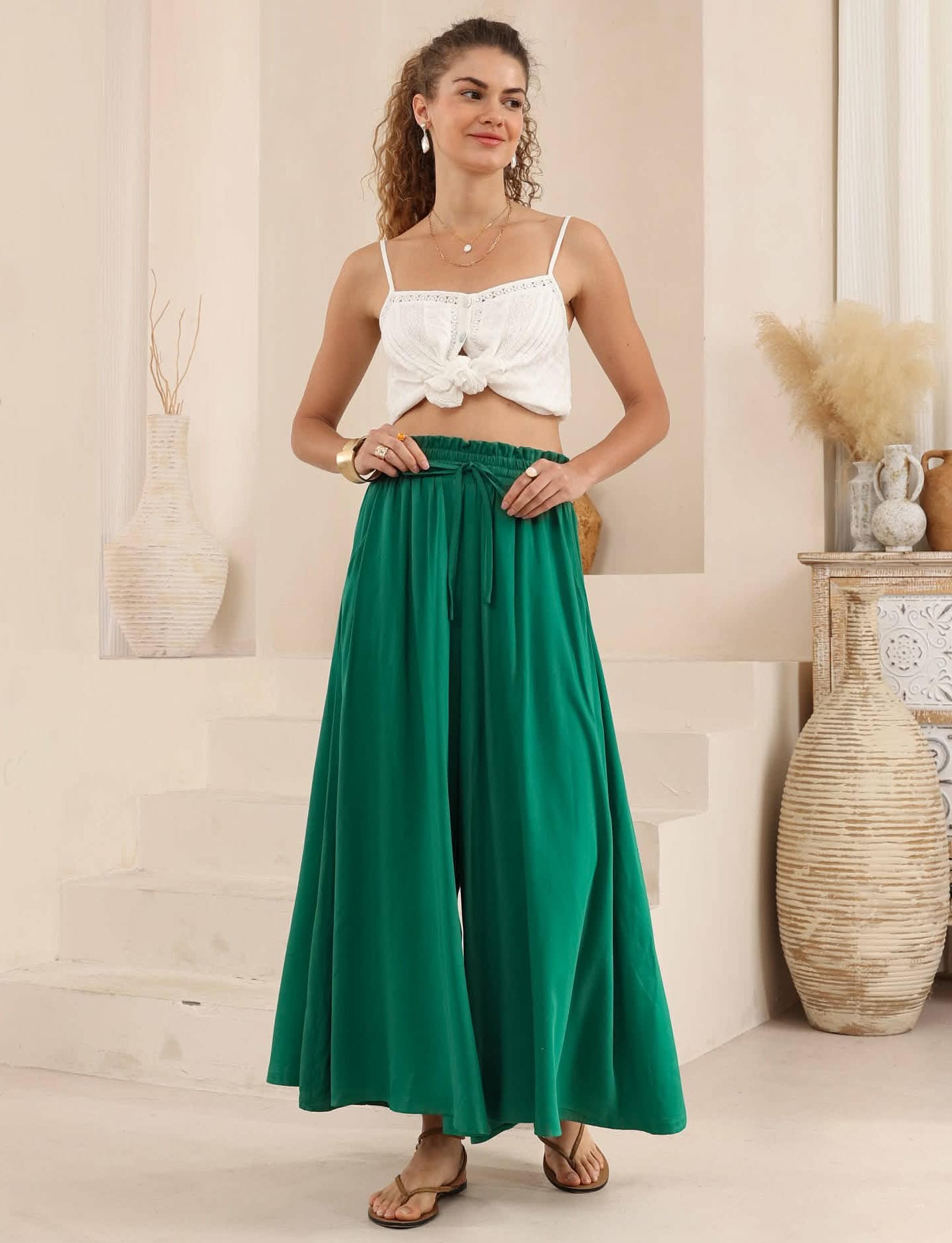 Iris Maxi Palazzo Pants Drawstring Waist Wide Leg - Emerald - Style House Fashion