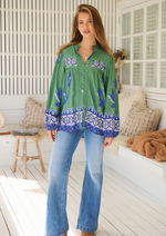 Jaase Bee Blouse Top with Mandarin Collar V Neck Buttons Lace Detail - Bluebird - Style House Fashion Jaase