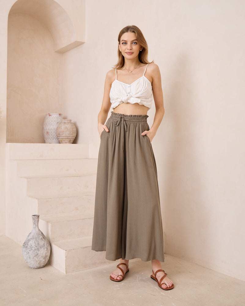 Iris Maxi Palazzo Pants Drawstring Waist Wide Leg - Khaki - Style House Fashion