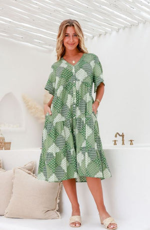 Joop & Gypsy Rosalie Midi Dress with V Neck Pockets Cotton - Green Patchwork - Style House Fashion Joop and Gypsy