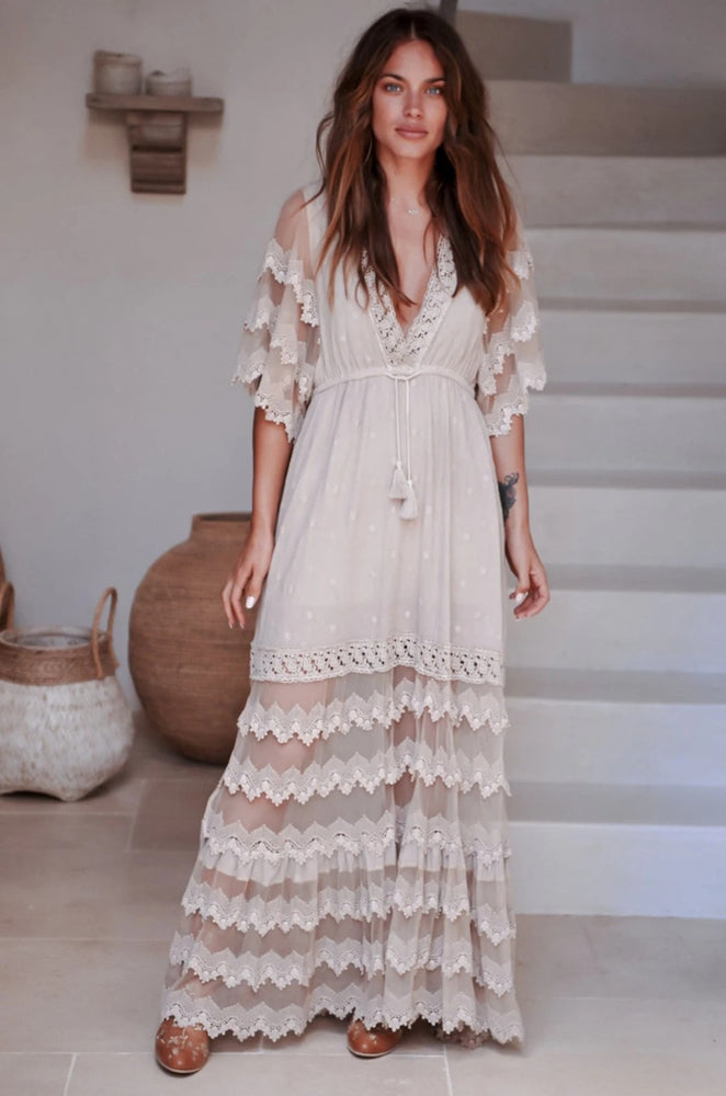 Jaase Bungalow Cotton Maxi Dress with V-Neck Lace Drawstring Batwing Sleeve - Mocha - Style House Fashion Jaase
