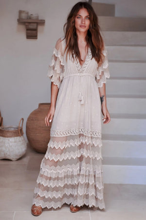 Jaase Bungalow Cotton Maxi Dress with V-Neck Lace Drawstring Batwing Sleeve - Mocha - Style House Fashion Jaase