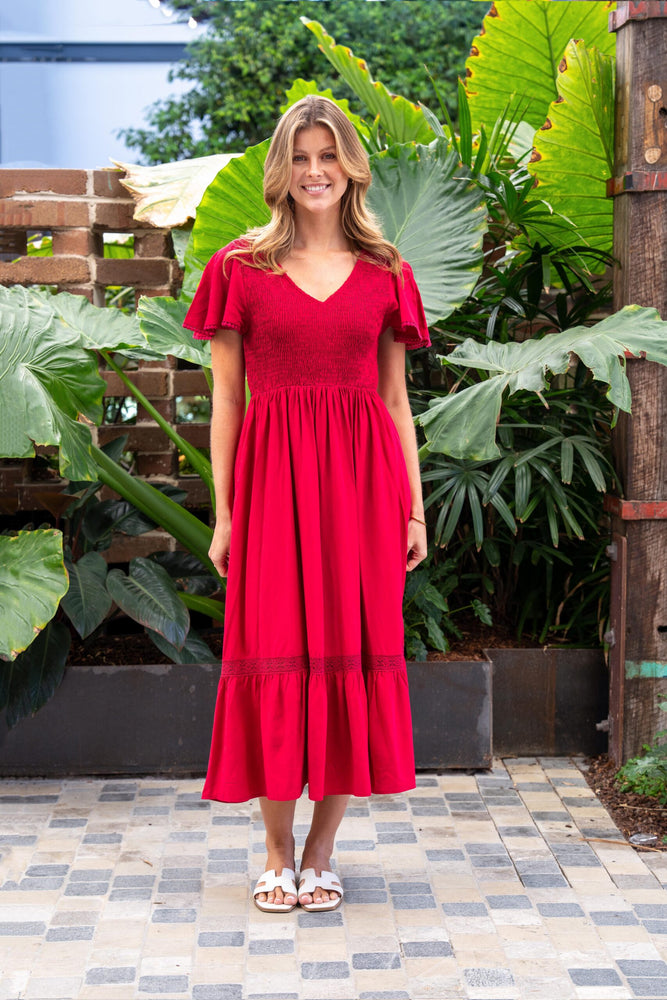 Boho Australia Blevins Midi Dress with V-Neck Buttons Pockets - Red