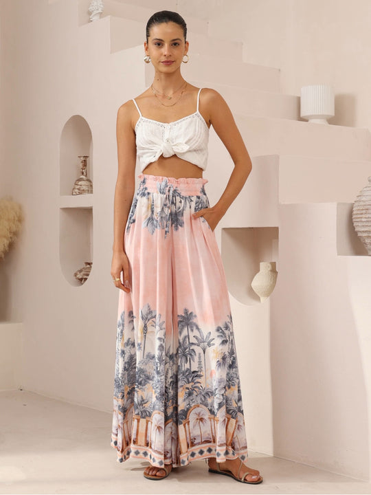 Iris Maxi Palazzo Pants with Drawstring Waist Wide Leg - Pink Paradise