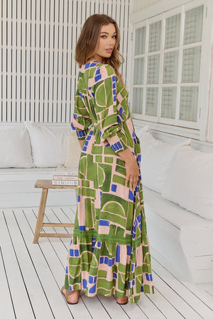 Tabitha Maxi Dress with V Neck Buttoned Through - Mystic Matcha - Style House Fashion