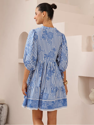 Iris Maxi Emma Mini Dress with V-Neck Buttons Pockets - Ocean Dreams