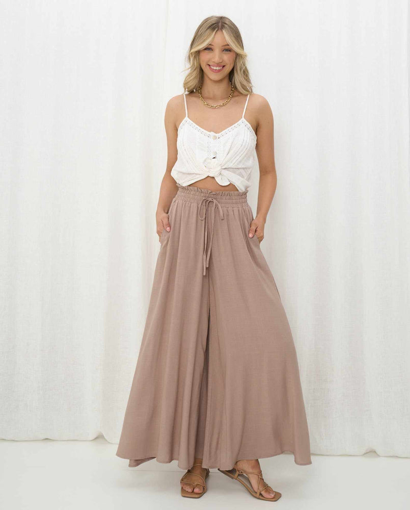 Iris Maxi Palazzo Pants Drawstring Waist Wide Leg - Latte - Style House Fashion