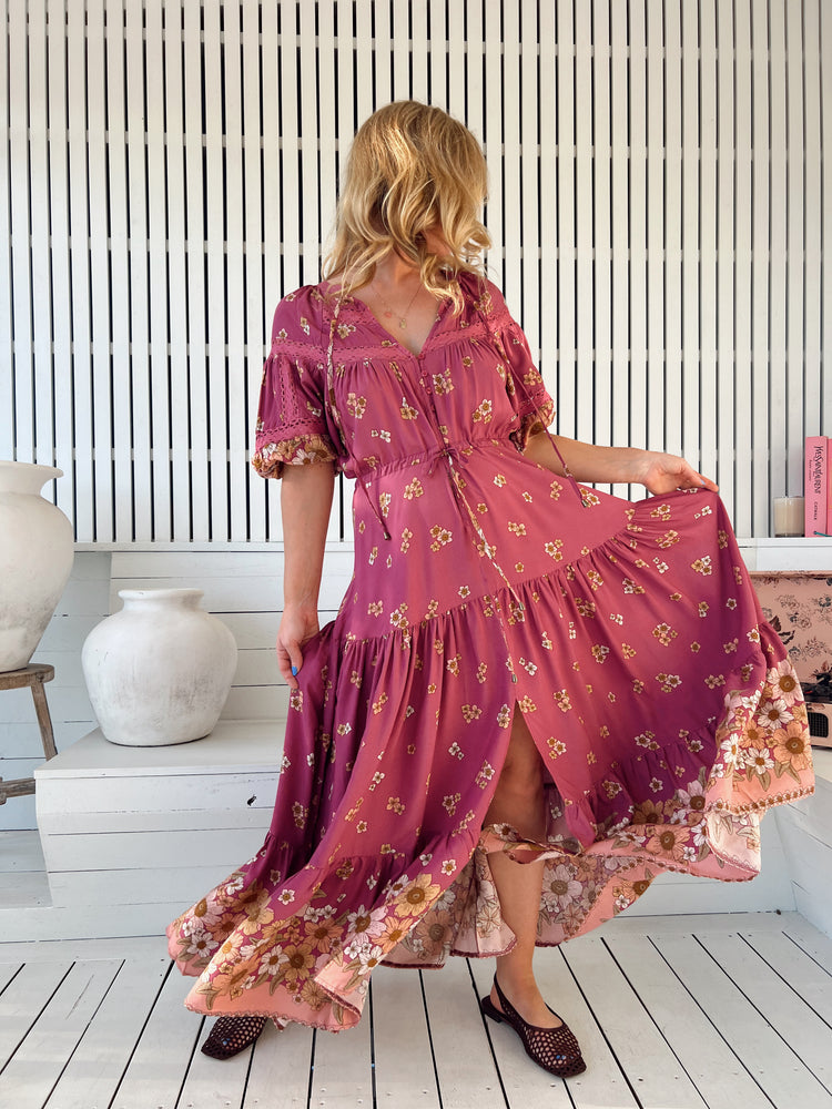 Jaase Elsa Maxi Dress with Button Bodice Puff Sleeve Lace Detail - Bee Orchid - Style House Fashion Jaase
