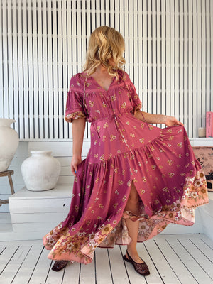 Jaase Elsa Maxi Dress with Button Bodice Puff Sleeve Lace Detail - Bee Orchid - Style House Fashion Jaase