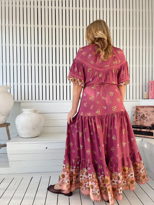 Jaase Elsa Maxi Dress with Button Bodice Puff Sleeve Lace Detail - Bee Orchid - Style House Fashion Jaase