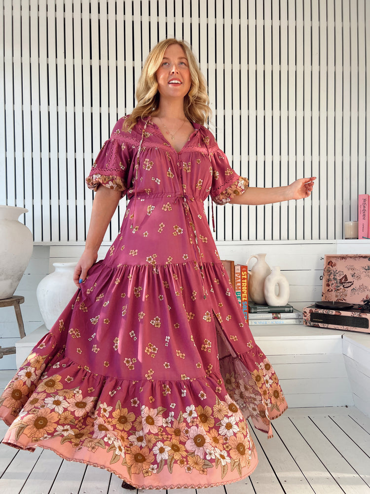 Jaase Elsa Maxi Dress with Button Bodice Puff Sleeve Lace Detail - Bee Orchid - Style House Fashion Jaase