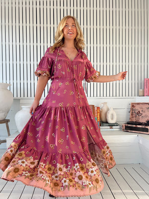 Jaase Elsa Maxi Dress with Button Bodice Puff Sleeve Lace Detail - Bee Orchid - Style House Fashion Jaase