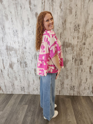 Iris Maxi Sarah Cotton Blouse Top with V-Neck Collar Buttoned Wide Sleeve - Pink Paradise