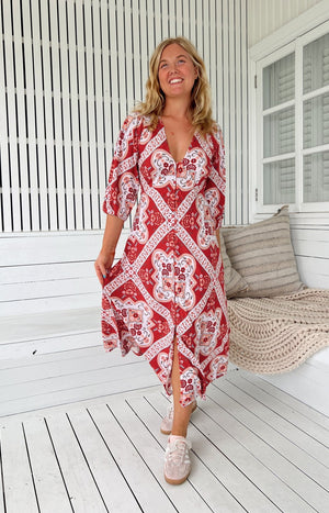 Jaase Lenni Midi Dress with V-Neck Buttoned A-Line Skirt Puff Sleeve - Rosa