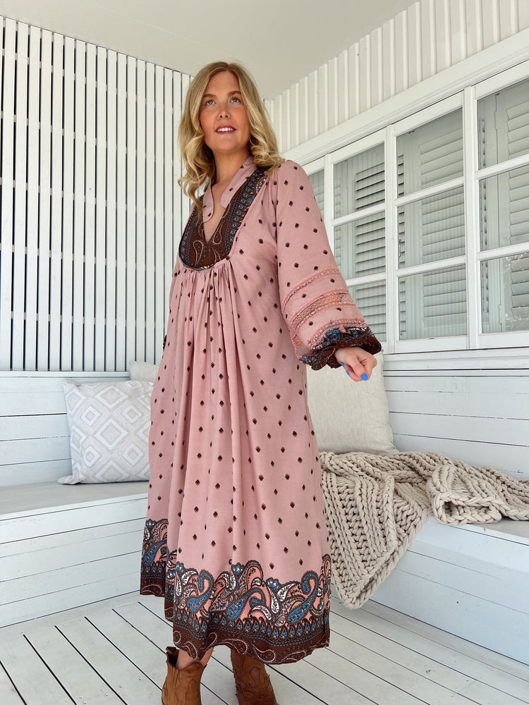 Jaase Boheme Midi Dress with Long Sleeve Lace Detail V Neck Pockets - Seraphina - Style House Fashion Jaase Jaase Jaase
