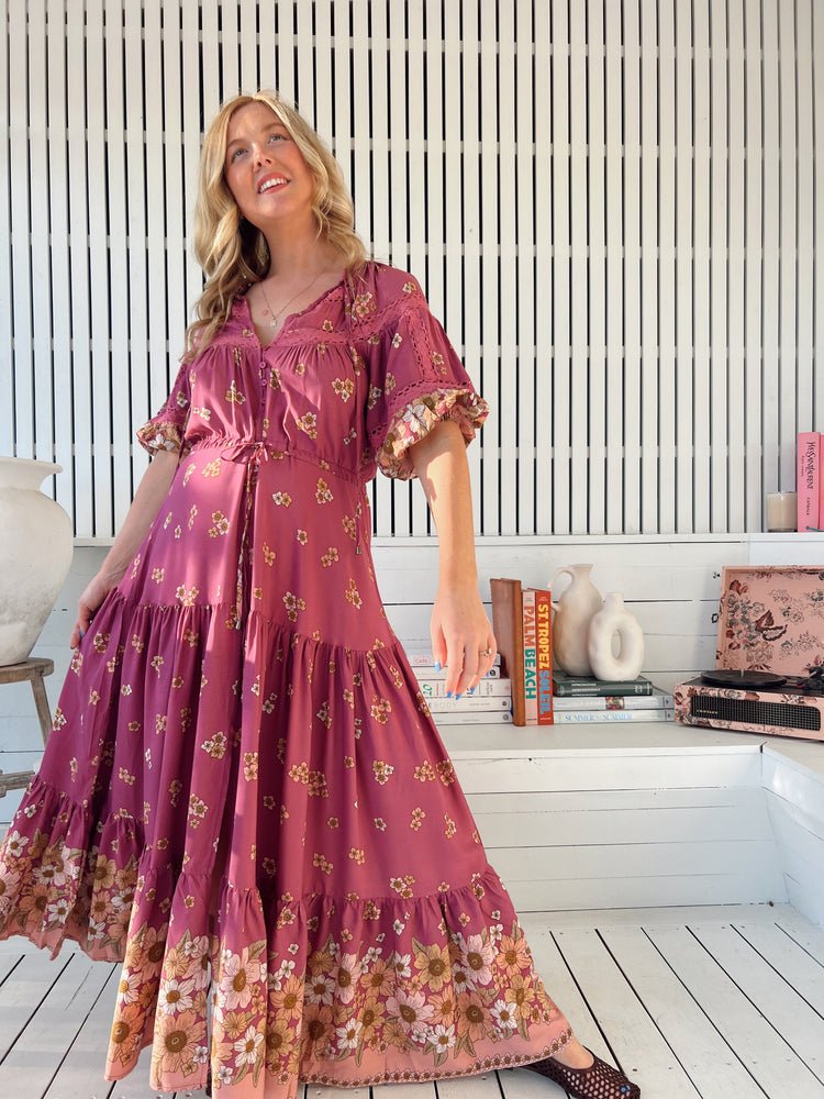 Jaase Elsa Maxi Dress with Button Bodice Puff Sleeve Lace Detail - Bee Orchid - Style House Fashion Jaase