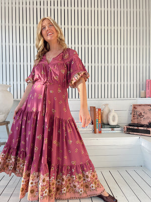 Jaase Elsa Maxi Dress with Button Bodice Puff Sleeve Lace Detail - Bee Orchid - Style House Fashion Jaase