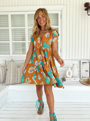 Jaase Tracey Mini Dress V Neck Short Shell Sleeve Button Bodice - Aqua Fields - Style House Fashion