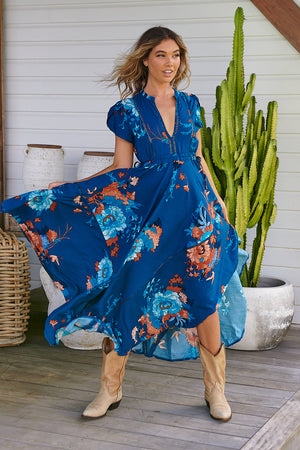 Jaase Asher Maxi Dress with V Neck Shell Sleeve Hankerchief Skirt - Carnival - Style House Fashion Jaase