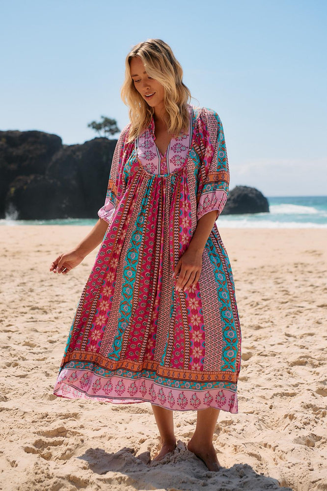 Jaase Boheme Midi Dress with Mandarin Collar V Neck Pockets - Cedella - Style House Fashion Jaase