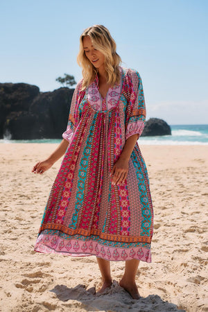 Jaase Boheme Midi Dress with Mandarin Collar V Neck Pockets - Cedella - Style House Fashion Jaase