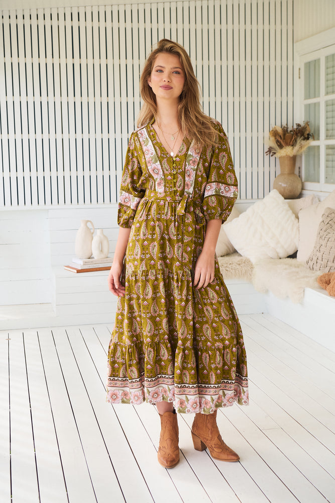 Jaase Mila Midi Dress with V Neck Billowy Sleeve - Amalie - Style House Fashion Jaase