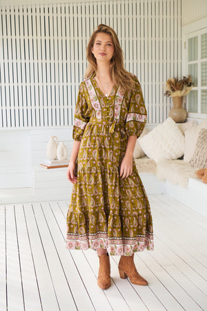 Jaase Mila Midi Dress with V Neck Billowy Sleeve - Amalie - Style House Fashion Jaase