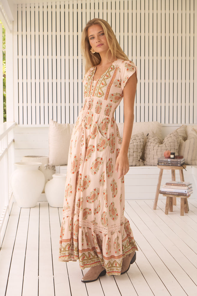 Jaase Romi Maxi Dress With Shirred Waist Shell Sleeve Buttoned Pockets - Heirloom - Style House Fashion Jaase Jaase Jaase Jaase