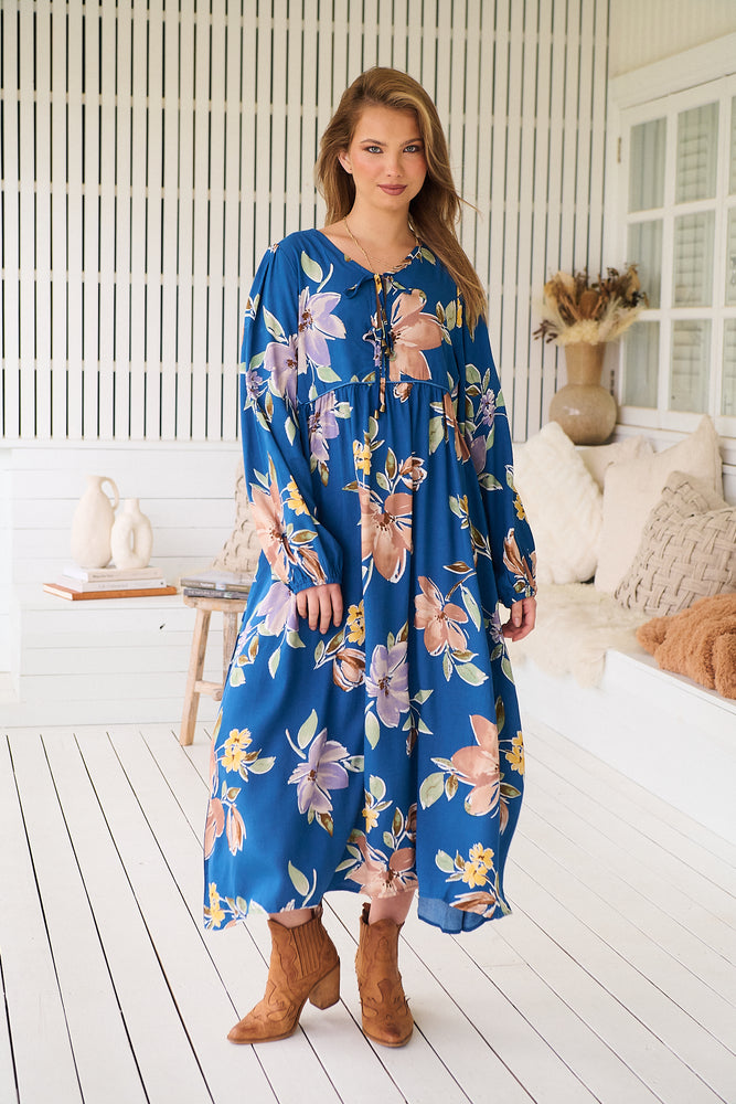 Jaase Penny Midi Dress with V-Neck Ties Elastic Cuff Sleeve - Georgia Blue - Style House Fashion Jaase