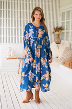 Jaase Penny Midi Dress with V-Neck Ties Elastic Cuff Sleeve - Georgia Blue - Style House Fashion Jaase