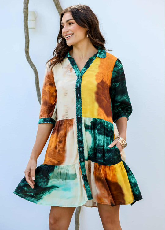 Joop & Gypsy Carolina Mini Dress with V Neck Pockets - Green Tie Dye