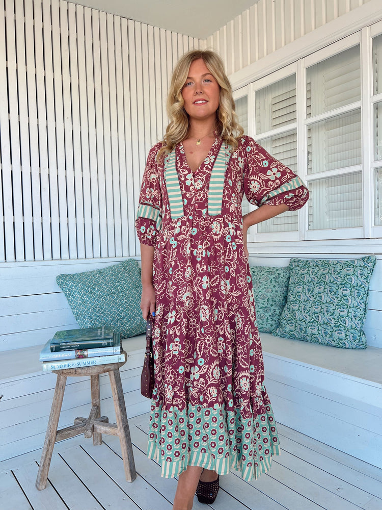 Jaase Mila Midi Dress with V Neck Buttoned Bodice Half Sleeve - Athena - Style House Fashion Jaase