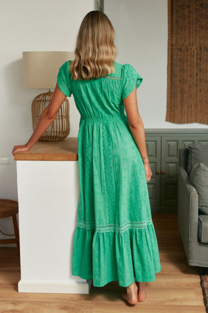 Jaase Carmen 100% Cotton Embroidered Maxi Dress with Cap Shell Sleeve V Neck Pockets Buttoned - Emerald