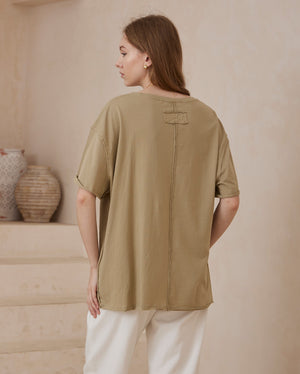 Iris Maxi Tia Basic Oversized T'Shirt with Round Neck Raw Edge - Khaki - Style House Fashion