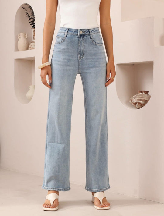 Iris Maxi Mollie Stretch Mid- High Rise Straight Leg Denim Jeans - Light Blue