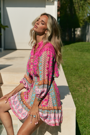 Jaase Olivia Mini Dress with Pockets Buttoned Shirred Waist - Cedella - Style House Fashion Jaase