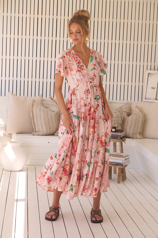 Jaase Teresia Maxi Dress with Flutter Sleeve V Neck Button Bodice Drawstring Waist - Alessia - Style House Fashion Jaase Jaase