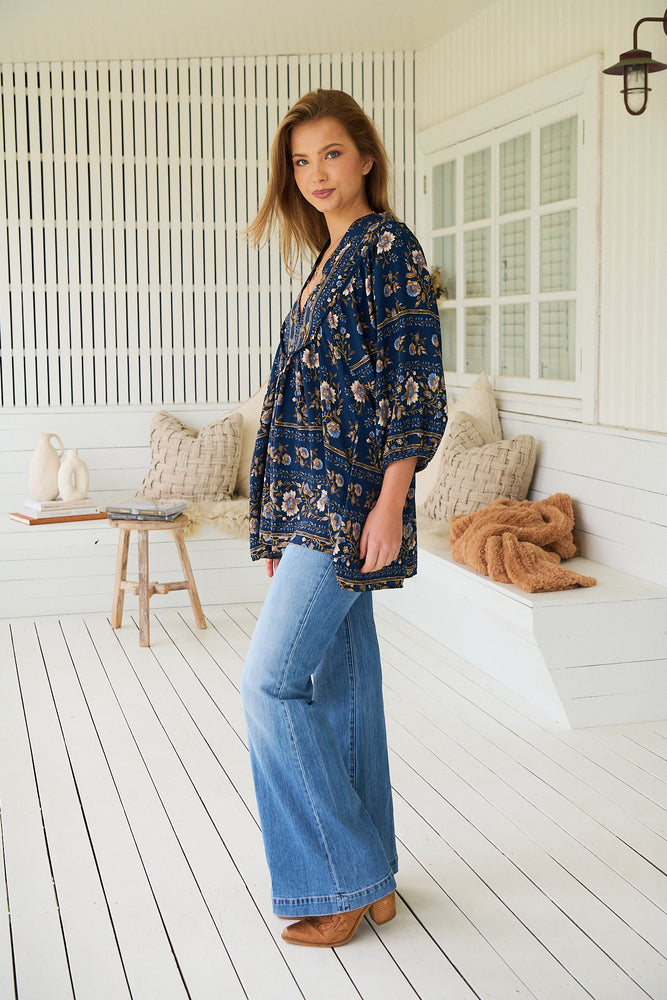 Jaase Boheme Blouse Top with Mandarin Collar V Neck Pockets - Adeline - Style House Fashion Jaase