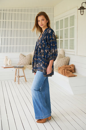Jaase Boheme Blouse Top with Mandarin Collar V Neck Pockets - Adeline - Style House Fashion Jaase