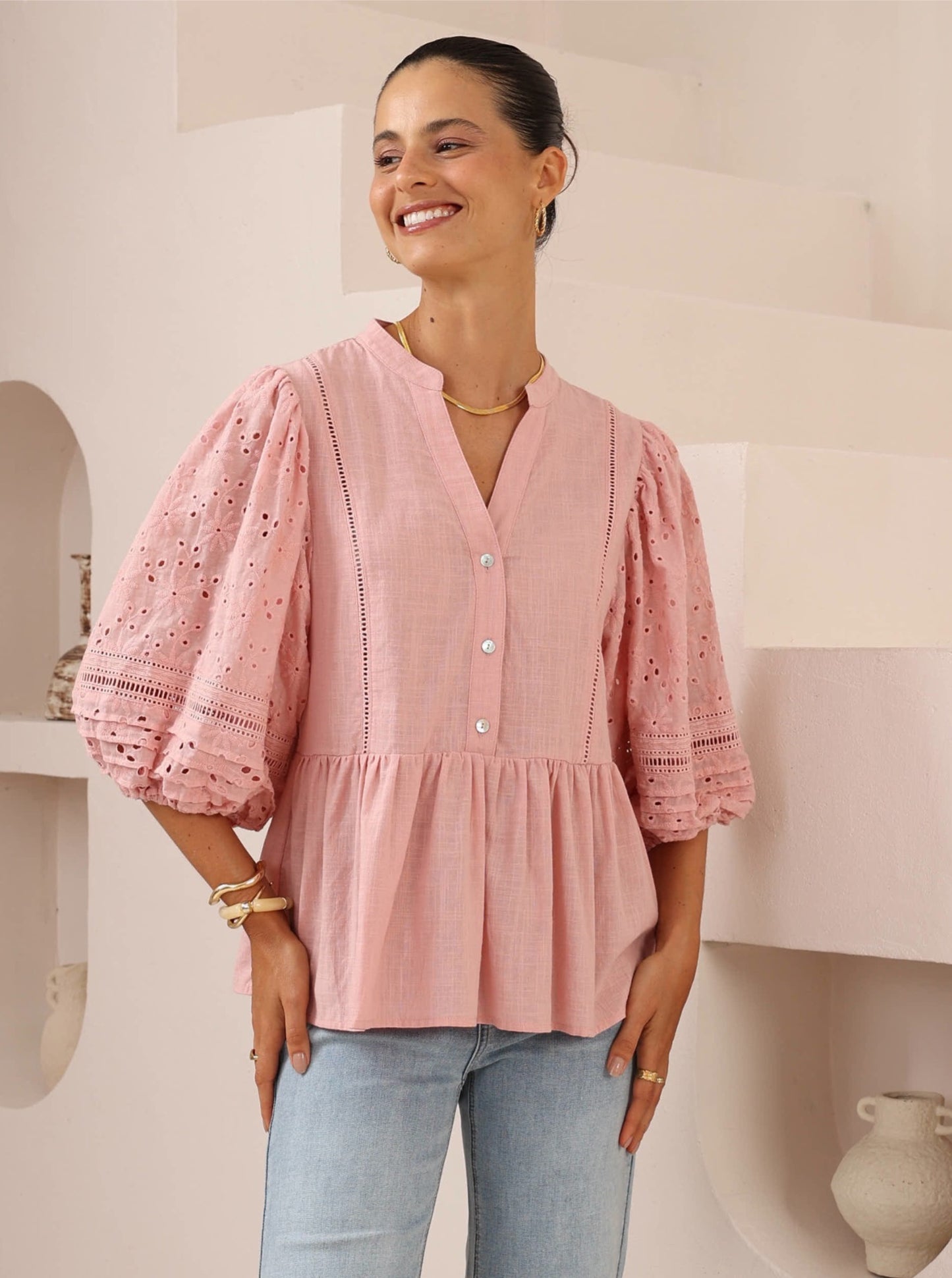 Iris Maxi Anna Cotton Blouse Top with Lace Detail V-Neck Sleeve Buttons - Baby Pink - Style House Fashion Iris Maxi Iris Maxi