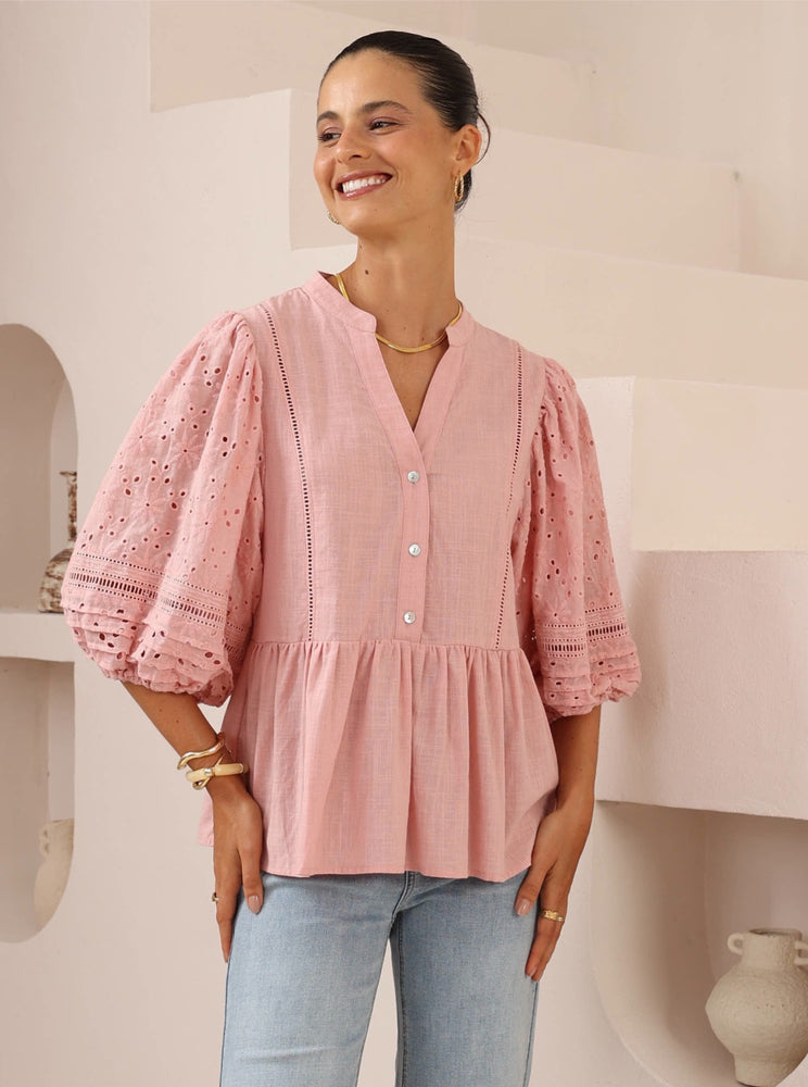 Iris Maxi Anna Cotton Blouse Top with Lace Detail V-Neck Sleeve Buttons - Baby Pink