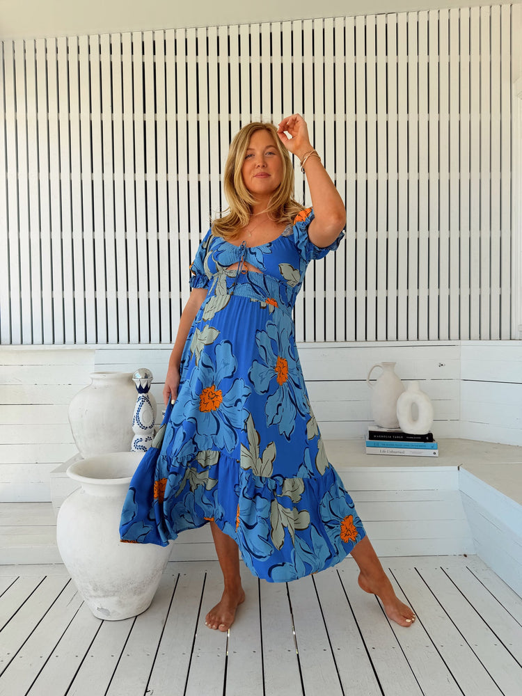 Jaase Rini Midi Dress V Neck Off Shoulder Elastic Waist - Blue Bell - Style House Fashion Jaase