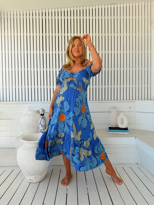 Jaase Rini Midi Dress V Neck Off Shoulder Elastic Waist - Blue Bell - Style House Fashion Jaase