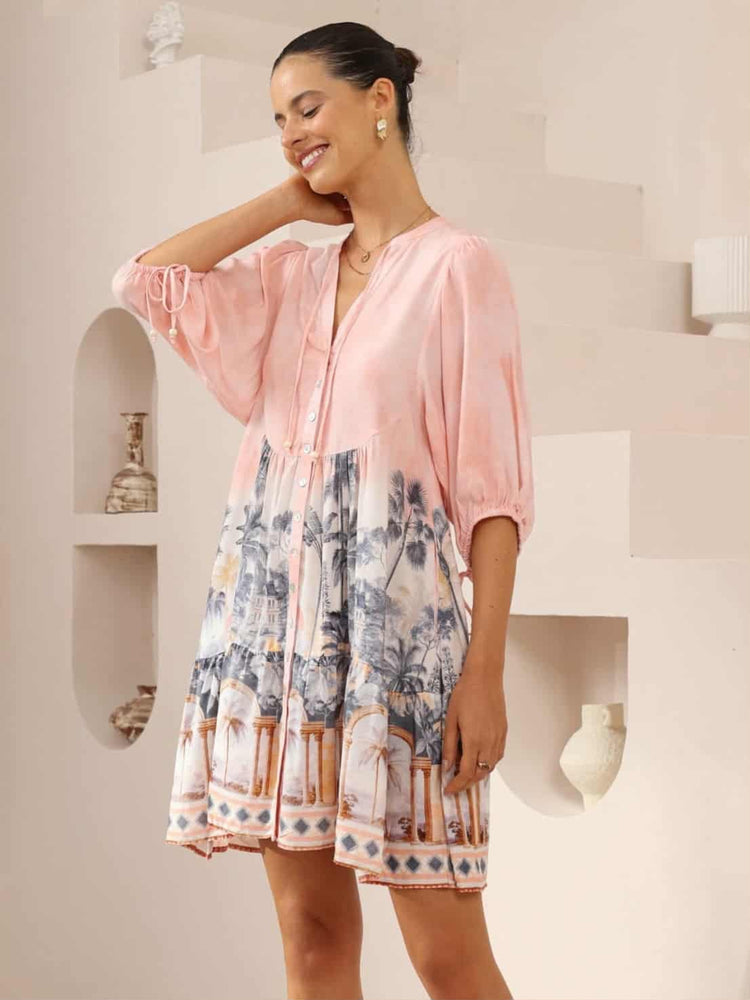 Iris Maxi Emma Mini Dress with V-Neck Buttons Pockets - Pink Paradise