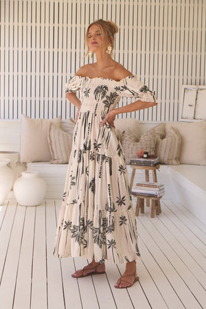 Jaase Claudette Maxi Dress With Shirred Bodice Puff Sleeve Off Shoulder Tiered Skirt - Serene - Style House Fashion Jaase Jaase